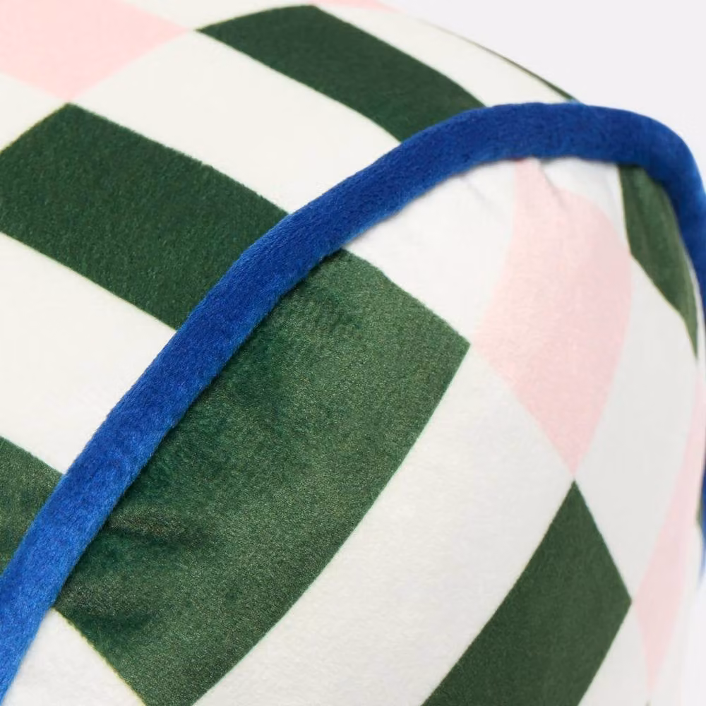 OHS Checked Matte Velvet Bolster Pillow in Green and Pink, W: 46 cm, D: 20 cm – 7