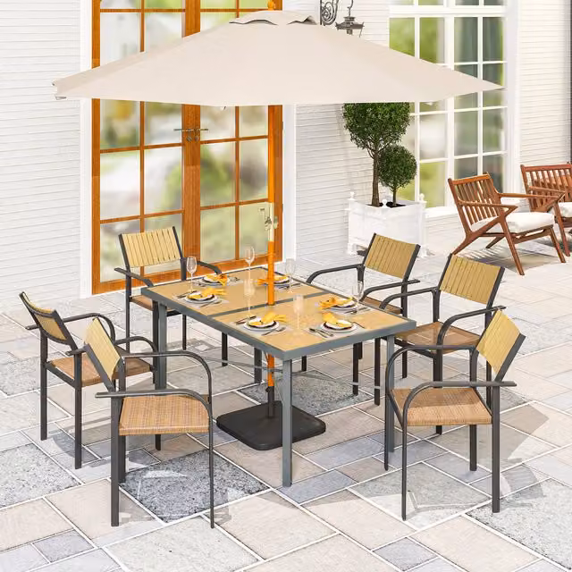 Outsunny Yellow Metal Garden Table for 6 People with 5cm Umbrella Hole