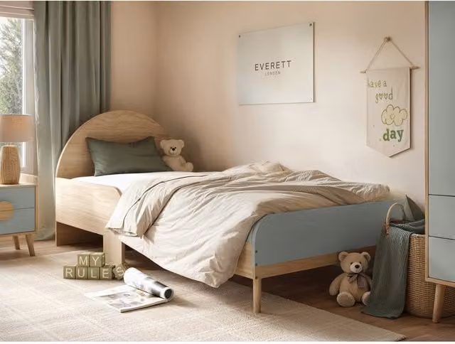 Flair Furnishings Noah Single Curved Headboard Bed in Oak and Green – 1