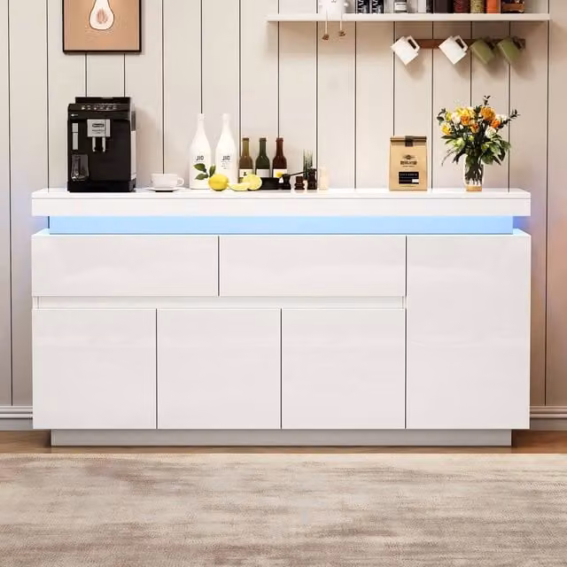 ModernLuxe High Gloss White Sideboard with Integrated LED Lights, 4 Doors and 2 Drawers, W/D/H: 140 x 35 x 72.5 cm