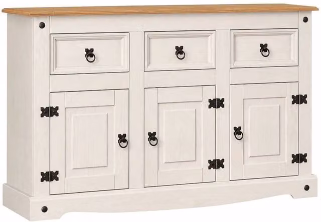 Hinsinc White Mexican Style Rustic Pine 3 Door 3 Drawer Sideboard W/D/H: 125.0 x 76.0 x 0.6 cm