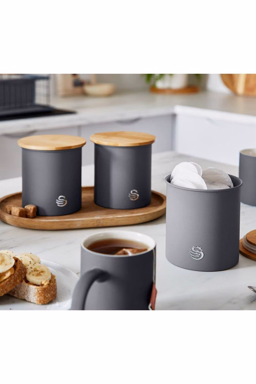 Swan Set of 3 Airtight Metal and Bamboo Canisters in Grey and Green – 3