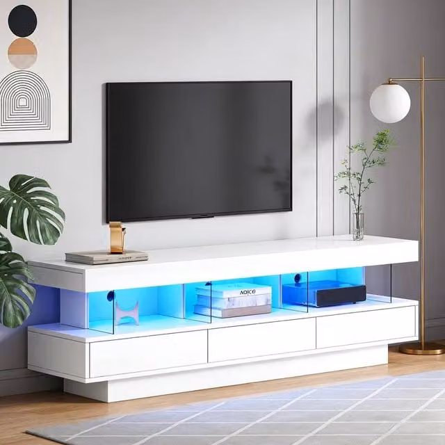 BTM High Gloss TV Stand with LED, 3 Drawers and Shelves in White, W/D/H: 160 x 50.5 x 38 cm – 1