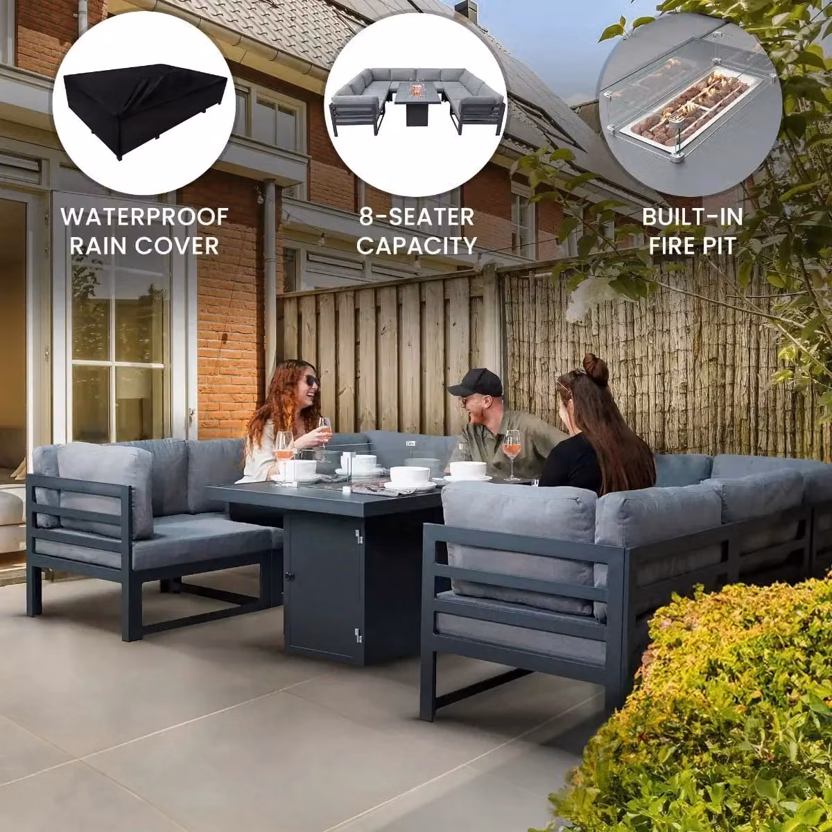 Monstershop Modular L-Shape Garden Furniture Set with Fire Pit and Coffee Table in Anthracite Grey – 2