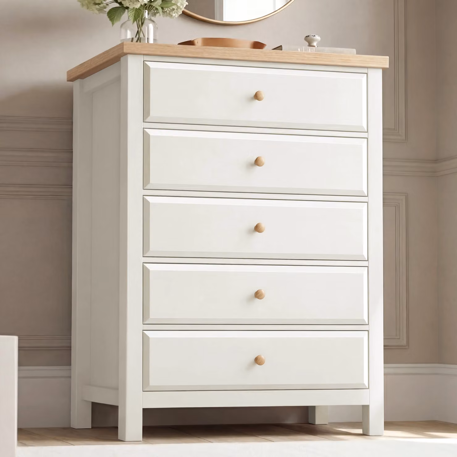 DHS Haven White Tall 5 Chest of Drawers in Lacquered Wood and MDF