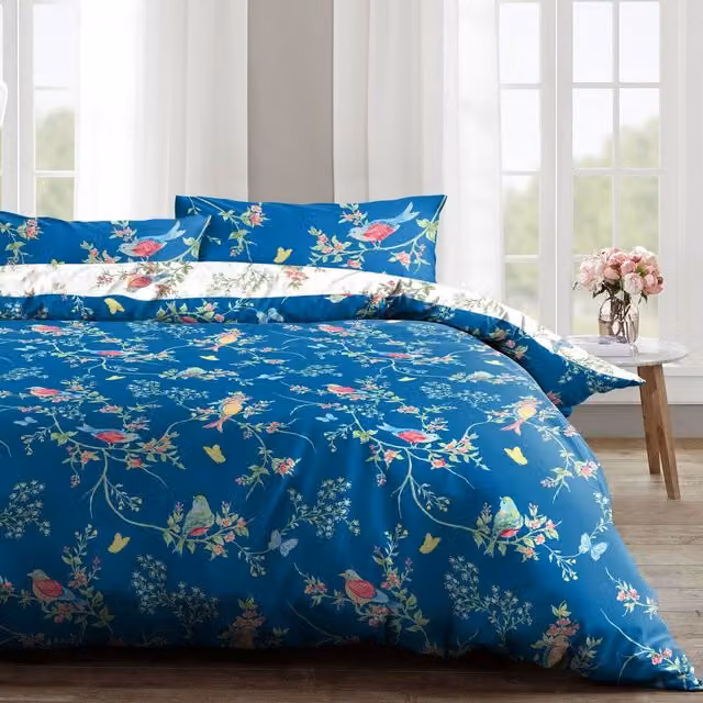Velosso Reversible Floral Animal Duvet Cover and Pillowcase Set in Blue and White, 90 x 200 cm