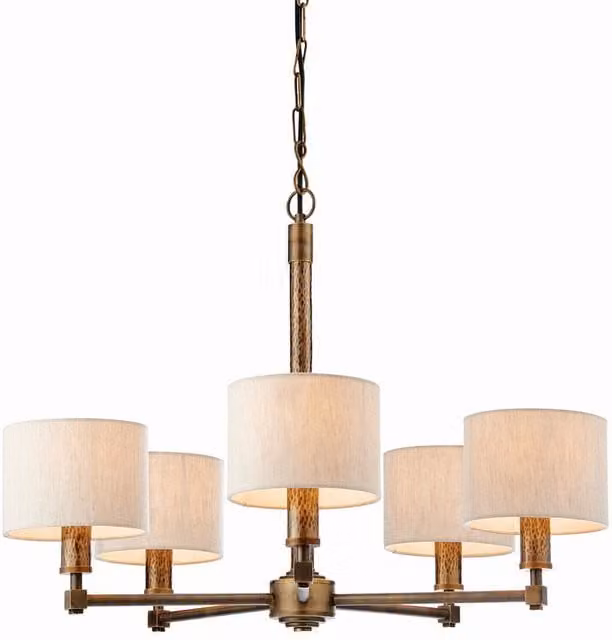 Endon Indara 5 Light Multi Arm Pendant Light in Aged Bronze with Beige Fabric Shades and E14 Base
