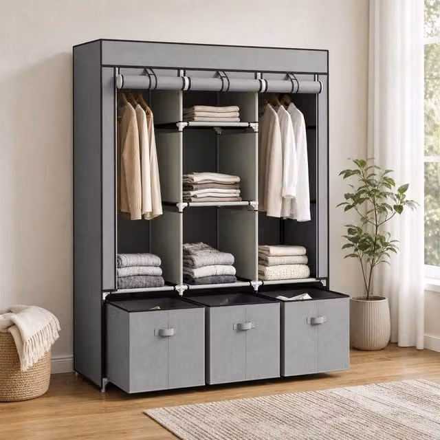 STILVORA Modern Grey Wardrobe with Roll Shutter, Internal Shelves, Drawers and Hanging Rod, H 162.5 x W 125.0 cm – 1