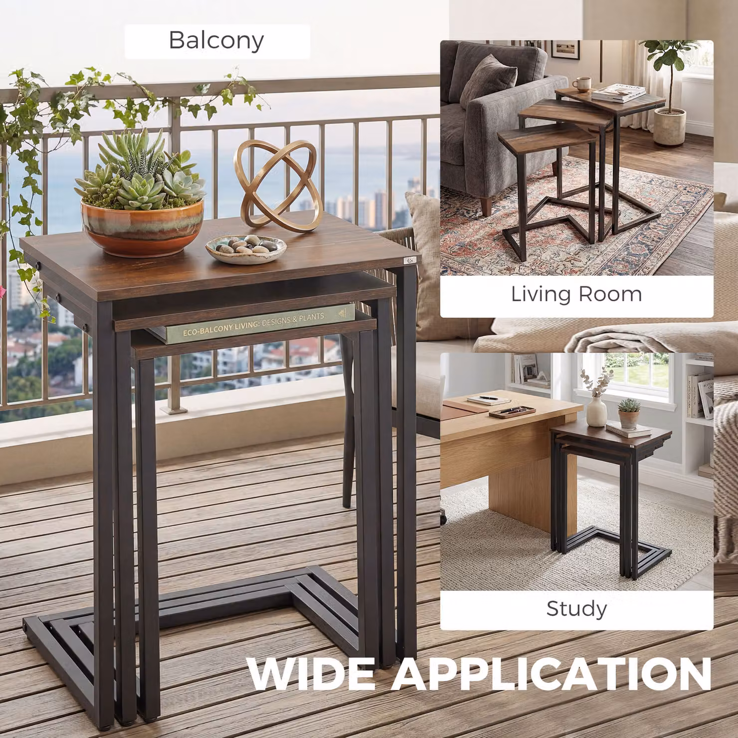 HOMCOM Set of 3 Nesting C-Shaped Side Tables with Steel Frame in Rustic Brown – 7
