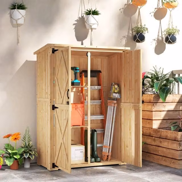 Outsunny Wooden Garden Tool Shed with Double Doors and Shelving, Beige and Brown