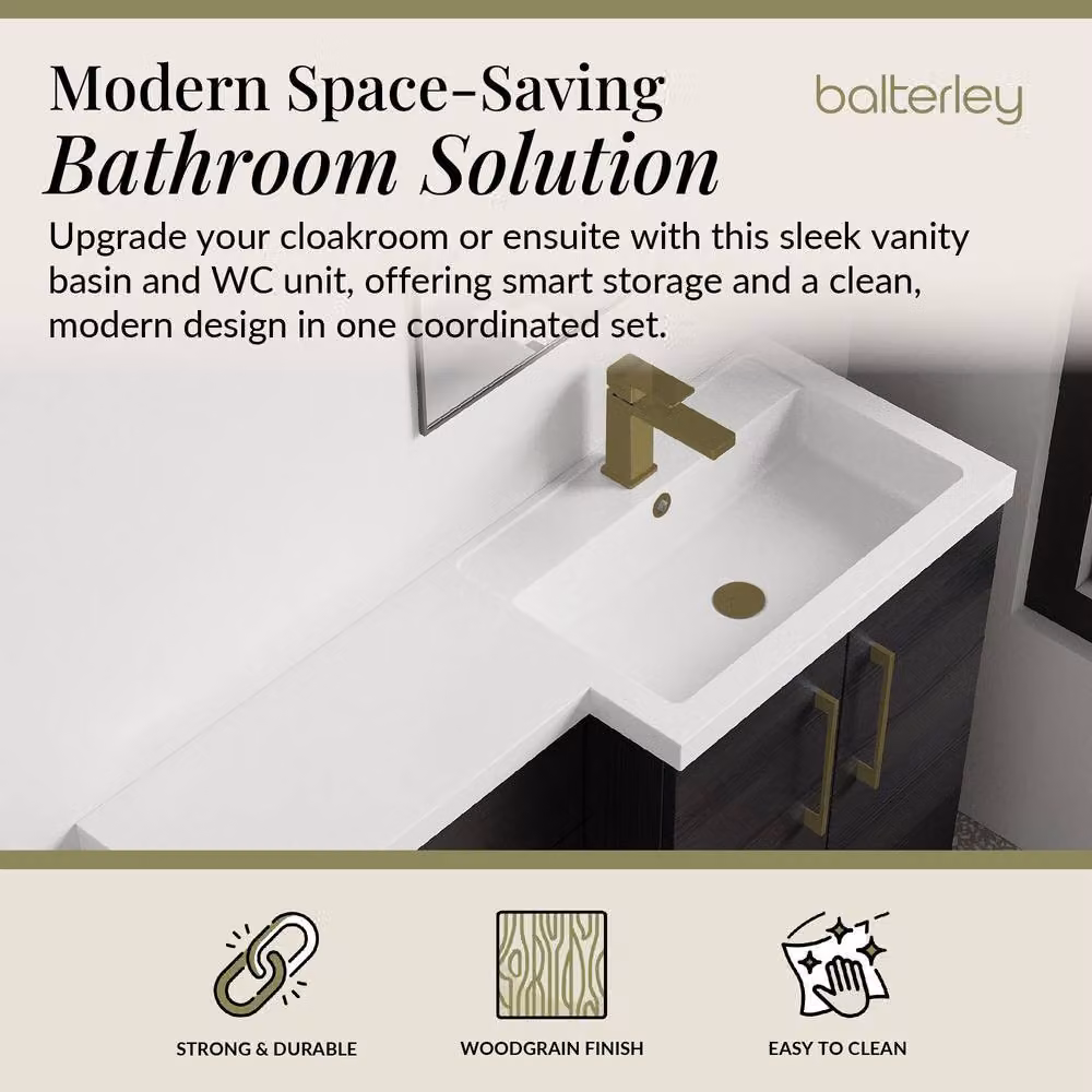 Balterley Modern Matt Black Woodgrain Right-Hand Vanity and WC Unit Combination, W: 110 cm, H: 84 cm – 2