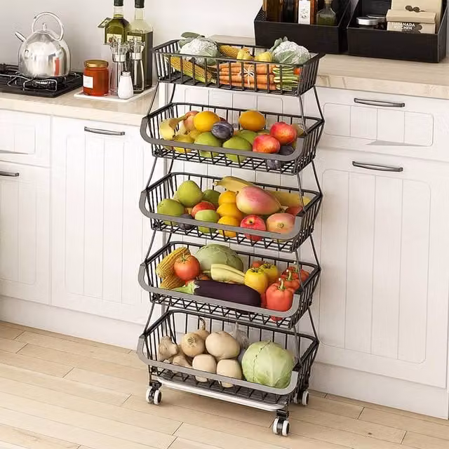 Living and Home Multi-tiered Metal Kitchen Storage Rack with Casters in Matt Black