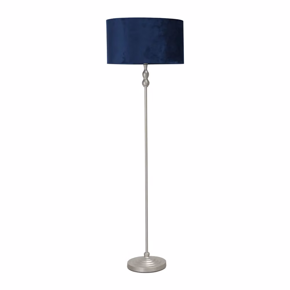 ValueLights Maggie Brushed Chrome Candlestick Floor Lamp with Navy Velvet Shade and LED Bulb – 2