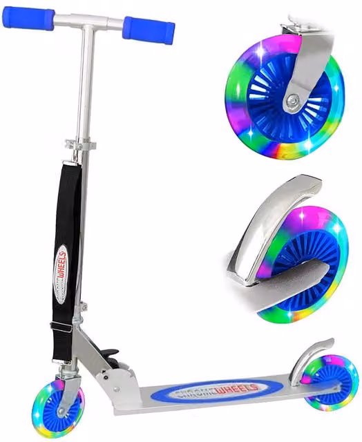 The Magic Toy Shop Folding Kick Scooter with Light Up Wheels in Silver and Blue, Height Adjustable