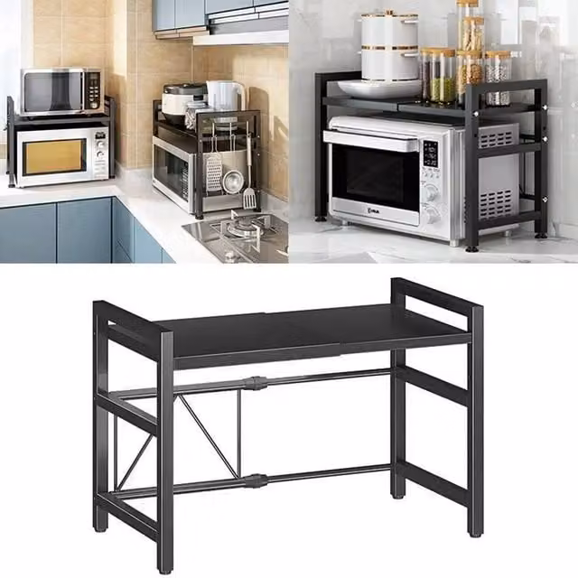 SPETLEK 2 Tier Expandable Microwave Oven Rack Stand with Adjustable Shelves in Black
