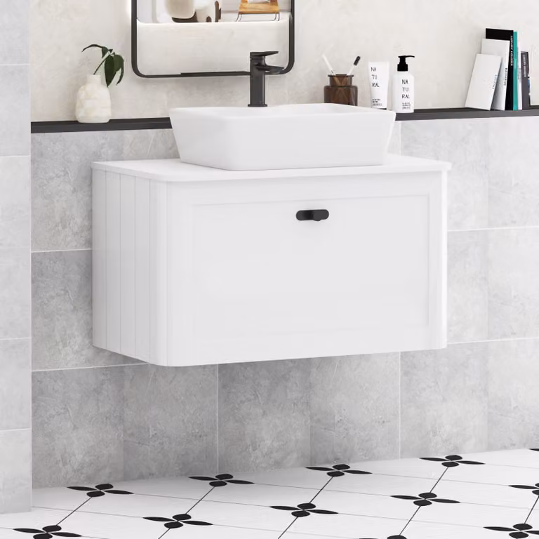 Royal Bathrooms Henley 800mm Gloss White Wall Hung Vanity Unit with 1 Drawer, Plain White Worktop and Matt Black Knob