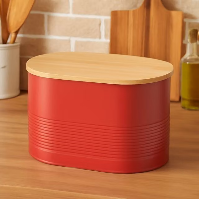 Orsina Red Metal Bread Bin with Airtight Bamboo Lid