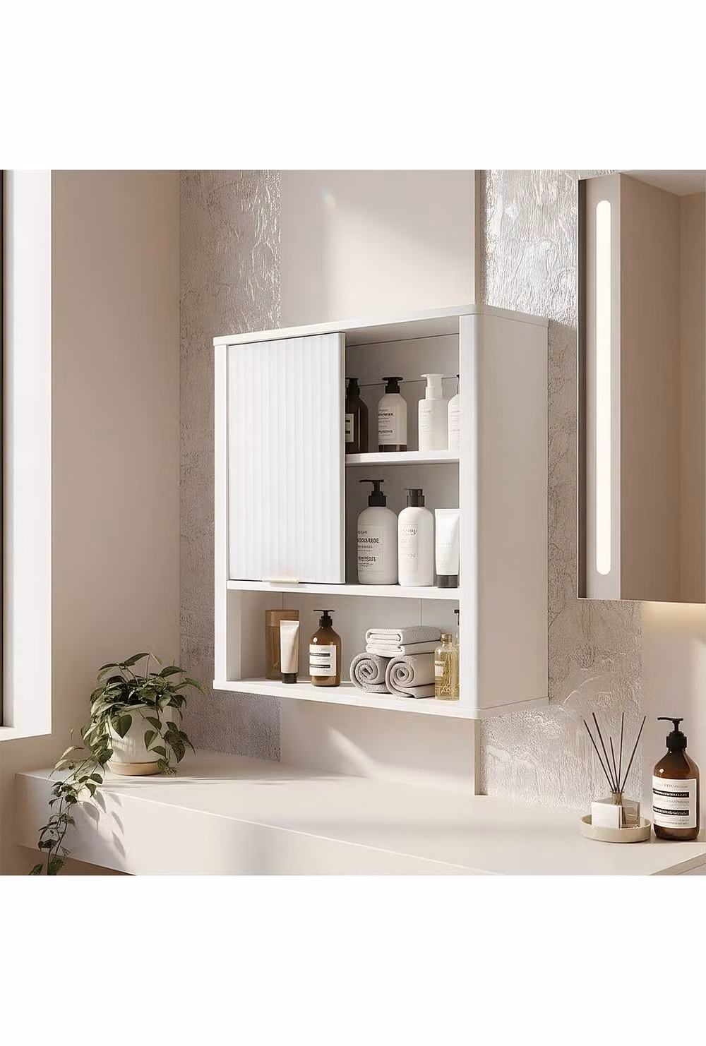 Living and Home Modern Wall-Mounted Wooden Bathroom Cabinet with Sliding Doors and Open Shelf in White and Gold – 2
