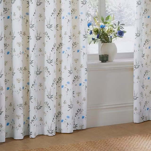 Make It A Home Meadow Floral Cotton Eyelet Curtain Pair in White and Blue, W: 183 cm, H: 229 cm