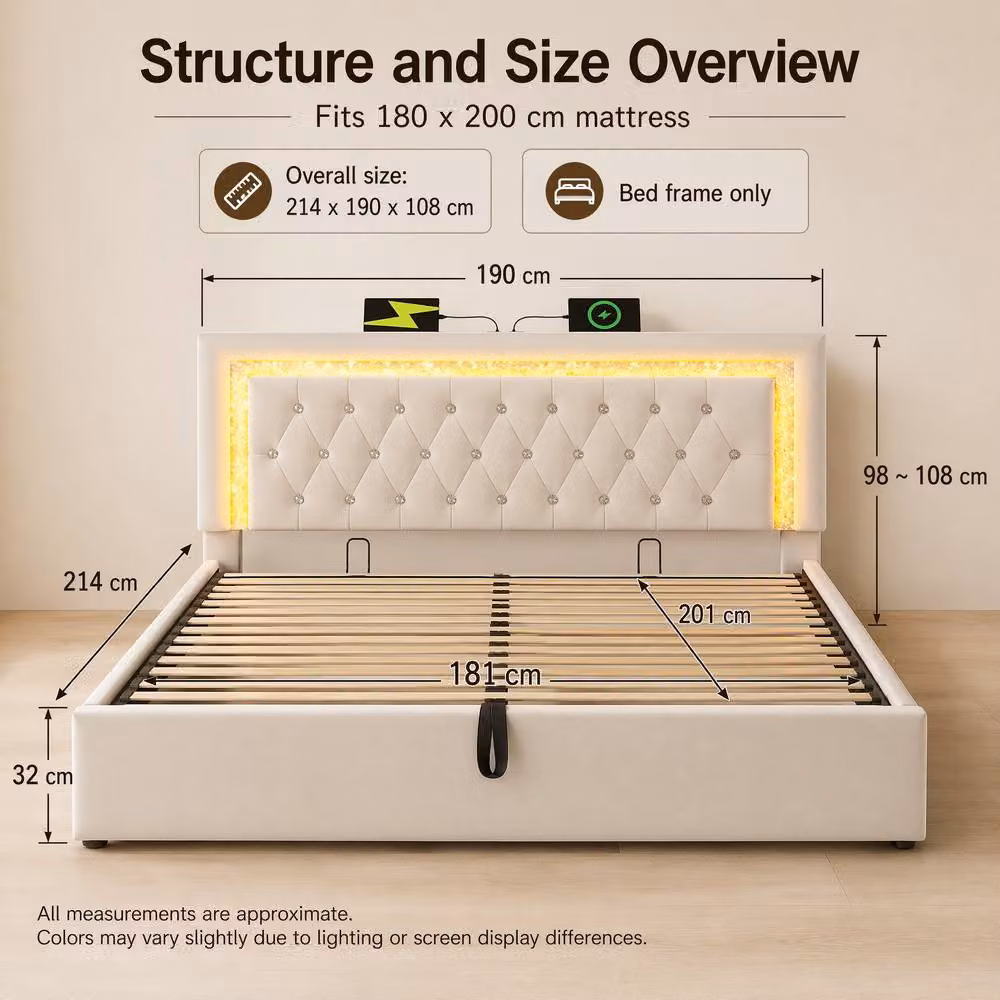 STILVORA Super King Bed Frame with LED Under-Bed Lighting, USB Type-C Charging Ports and Lift-Up Base in Beige Velvet Fabric, W: 180 cm, L: 200 cm – 3