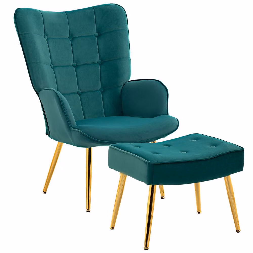 STILVORA Green Velvet Wingback Armchair with Matching Ottoman and Metal Frame – 4