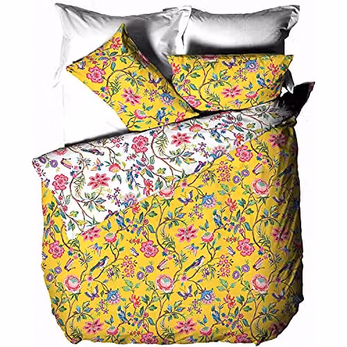 Riva Home Reversible Floral and Animal Polycotton Duvet Cover Set in Yellow and White, W/D/H: 140 x 200 cm and 50 x 75 cm