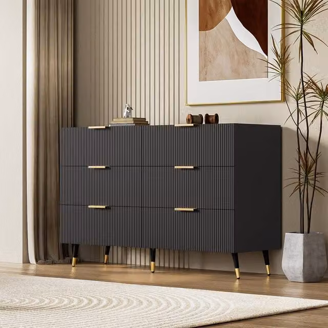 Merax Modern 6-Drawer Sideboard Chest of Drawers in Black with Gold Handles and Legs, W: 120 cm, D: 40 cm, H: 77 cm