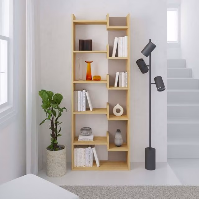 Decortie Oppa Modern Freestanding Open Back Bookcase in Oak and Grey