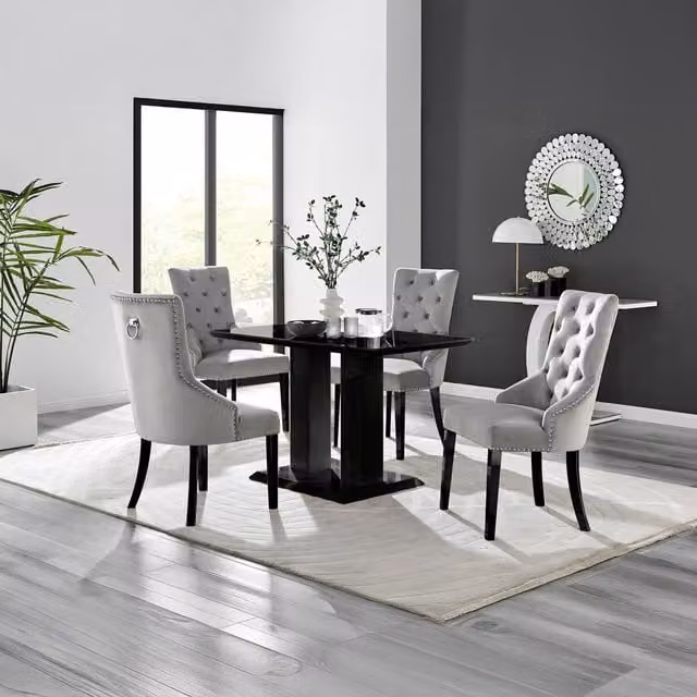 FurnitureboxUK Imperia Black Square Glass Dining Table and 4 Belgravia Black Leg Chairs in Grey