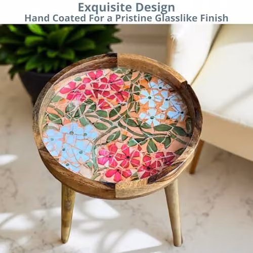 Hartsmede Mango Wood Round Side Table with Multicolour Red Mosaic Enamel Top, W/D/H: 38 x 38 x 46 cm – 5