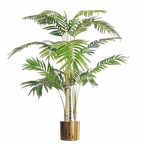 Leaf Design UK Realistic Artificial Areca Palm in a Gold Metal Planter, Green, Height: 120 cm