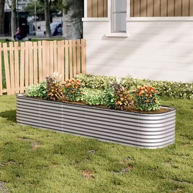 Lifeideas Oval Metal Raised Flower Bed in Silver, W/D/H: 320 x 80 x 56 cm
