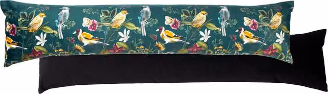 Midnight Garden Birds Digitally Printed Velvet Draught Excluder in Green, Black and Multicolour