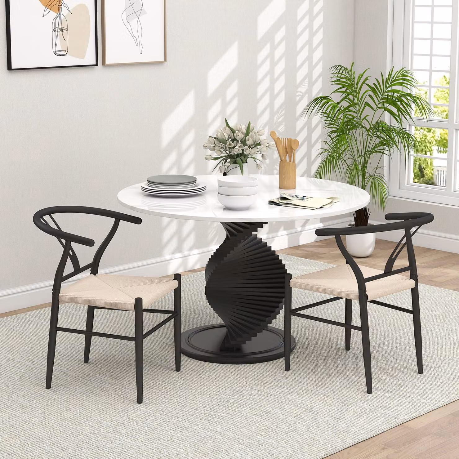 HOMCOM Set of Two Mid-Century Weave Dining Chairs with Y-Shaped Backrest and Hemp Seats in Black and Beige – 2
