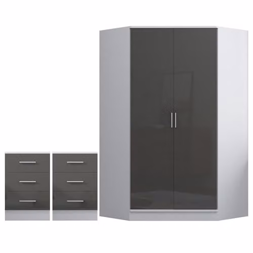 Reflect Modern Glossy Grey and Matt White Bedroom Set with 2 Door Corner Unit and 2x 3 Drawer Bedside Tables – 2
