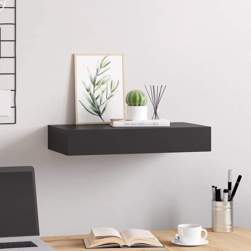 Berkfield Home Floating Wall Shelf with Drawer, Black, W: 48 cm, D: 25 cm, H: 8 cm – 2