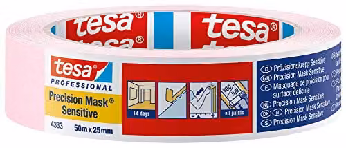 tesa Precision Sensitive Masking Tape for Indoor Painting and Decorating, Clear, 50 m x 25 mm