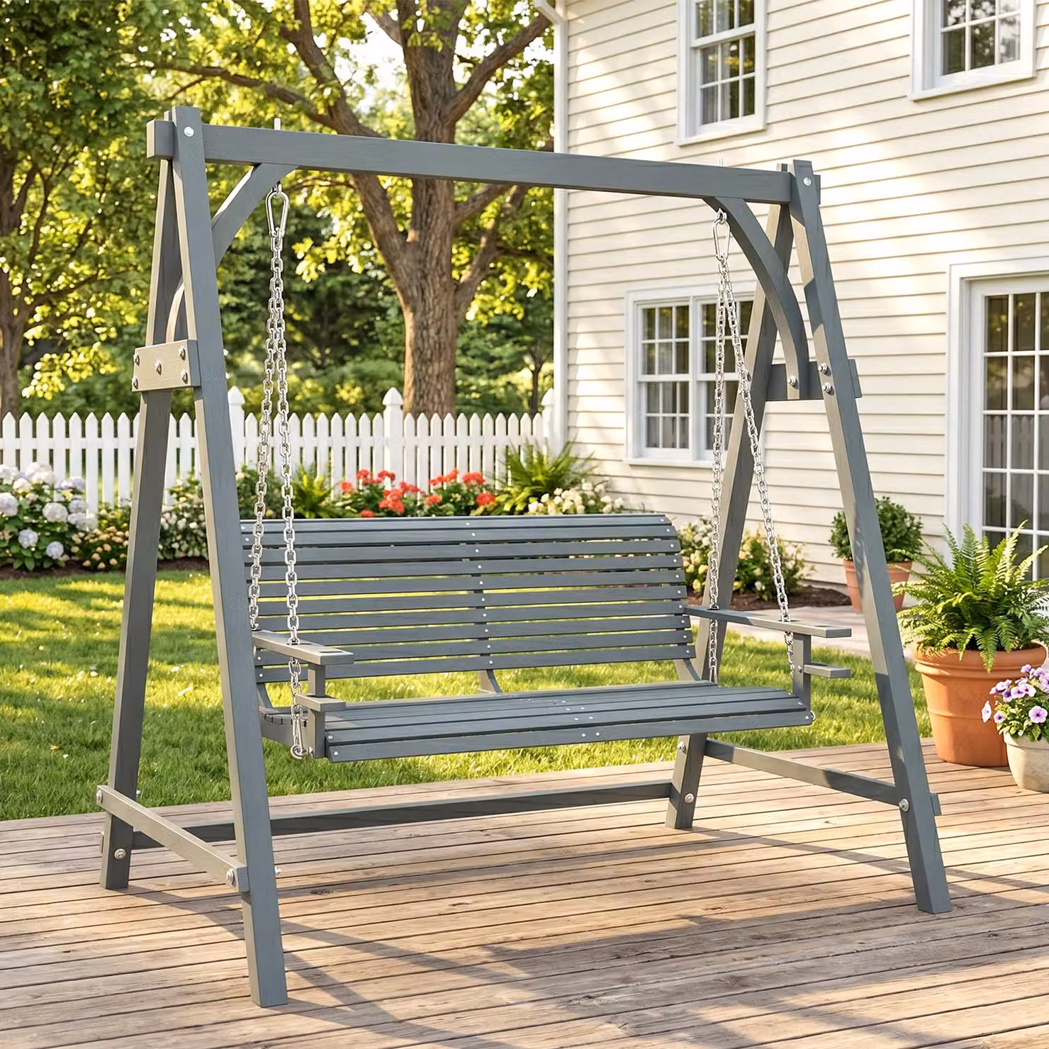 Outsunny 2 Seater Larch Wood Garden Swing Seat with Armrests and Cup Holders, Grey – 2