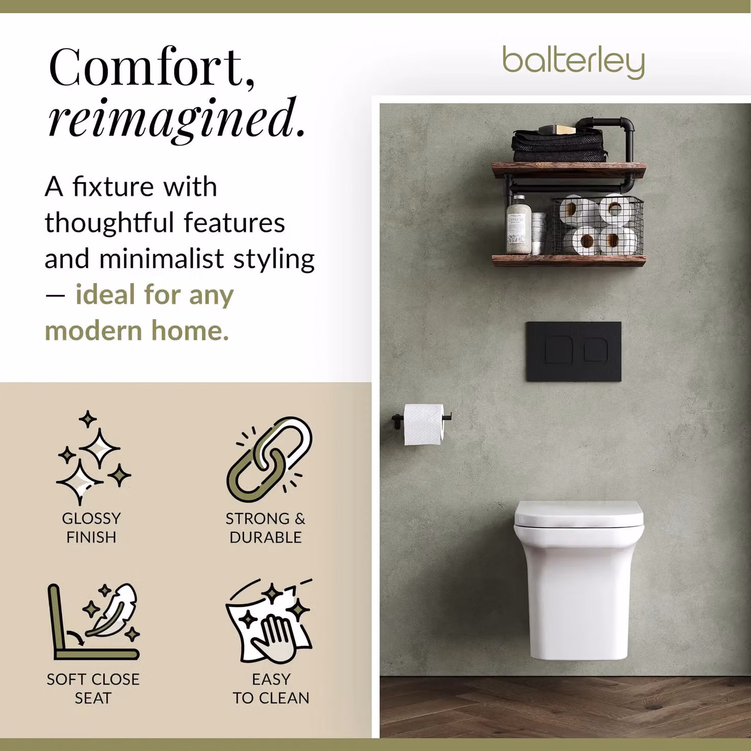 Balterley White Ceramic Rimless Wall Hung Square Toilet Pan and Soft Close Seat, W: 39 cm, D: 34 cm, H: 48 cm – 2