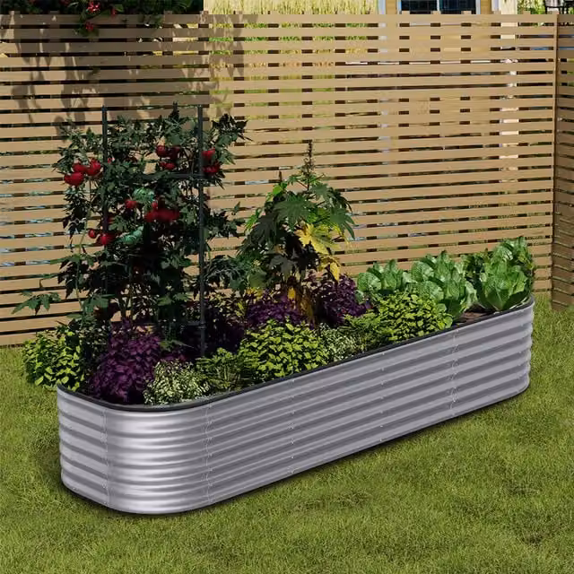 Livingandhome Silver Galvanised Steel Oval Raised Garden Bed in Grey