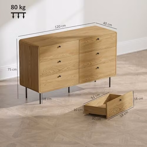 HOMCOM 6 Drawer Bedroom Chest of Drawers in Oak, W/D/H: 120 x 40 x 75 cm – 2