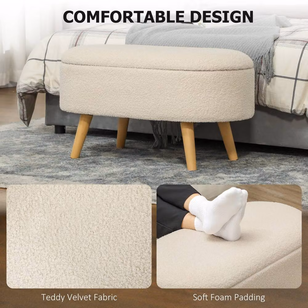 Wyld Haus Molasa Cream Boucle Teddy Fleece Storage Ottoman with Pine Wood Legs W/D/H: 45 x 41 x 41 cm – 4