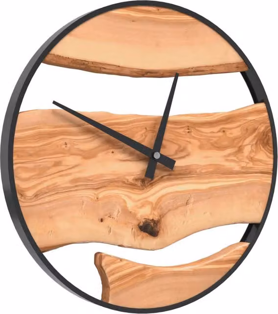 Berkfield Home Silent Round Quartz Wall Clock in Brown Iron and Olive Wood, Diameter: 35 cm – 1