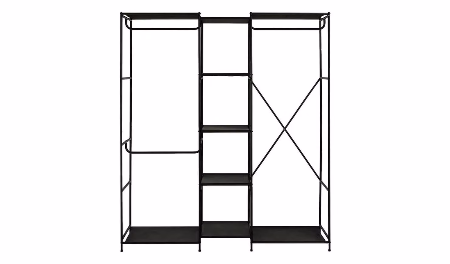 Spencer 3 Rail 6 Shelf Wardrobe Black Metal Industrial Bedroom Storage Organiser H 170 cm x W 149 cm x D 45 cm