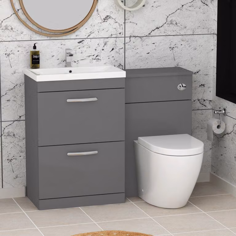 Royal Bathrooms Indigo Grey Gloss 2 Drawer Furniture Pack with Mid Edge Basin and Elva Back to Wall Toilet, Width: 110 cm