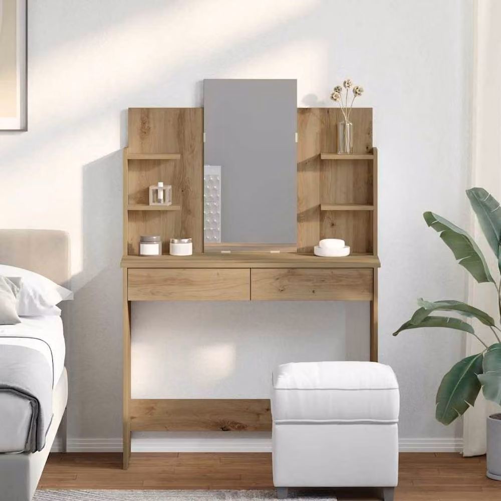 Berkfield Home Artisan Oak Dressing Table with Mirror in Brown, W/D/H: 96 x 39 x 142 cm – 3