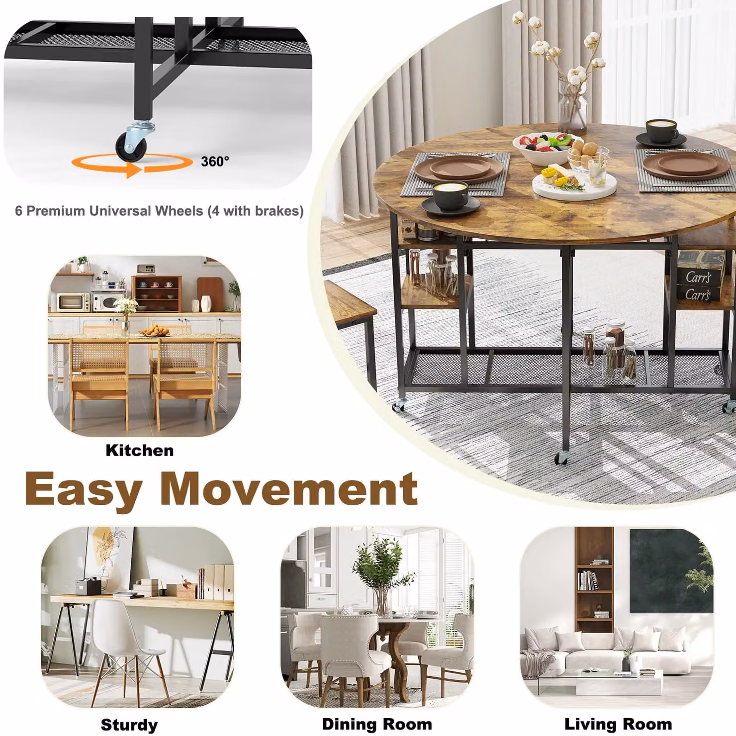 Gymax 3 Piece Round Folding Dining Table Set with Wheels in Light Brown – 6