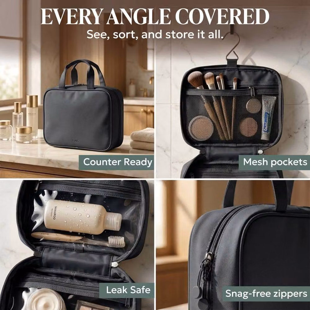 Lugg Waterproof Travel Toiletry and Makeup Bag with Hanging Hook, Black, W: 19 cm, D: 8 cm, H: 25 cm – 8
