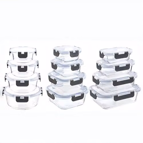 Simpa 12 Pack Airtight and Leakproof Glass Meal Prep Food Storage Containers in Transparent Assorted Sizes – 1
