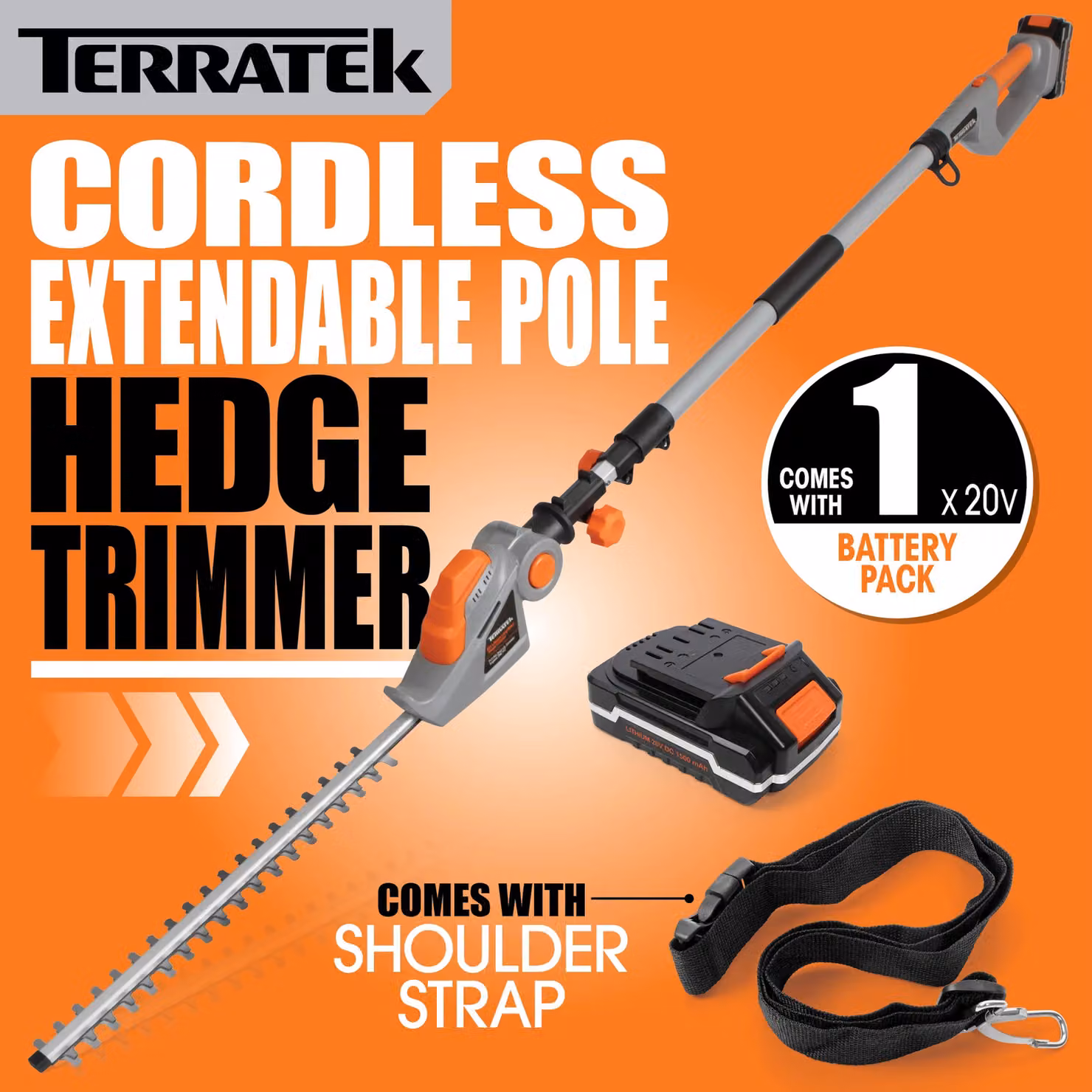 Terratek 20V 2.4m Telescopic Cordless Reciprocating Hedge Trimmer with Rechargeable Battery and Quick Charger, Orange – 2